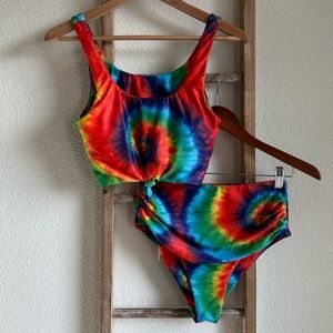 ZAFUL High Waisted Tankini Scoop Neck Ruched 2PC Bikini Tye Dye sz: Large